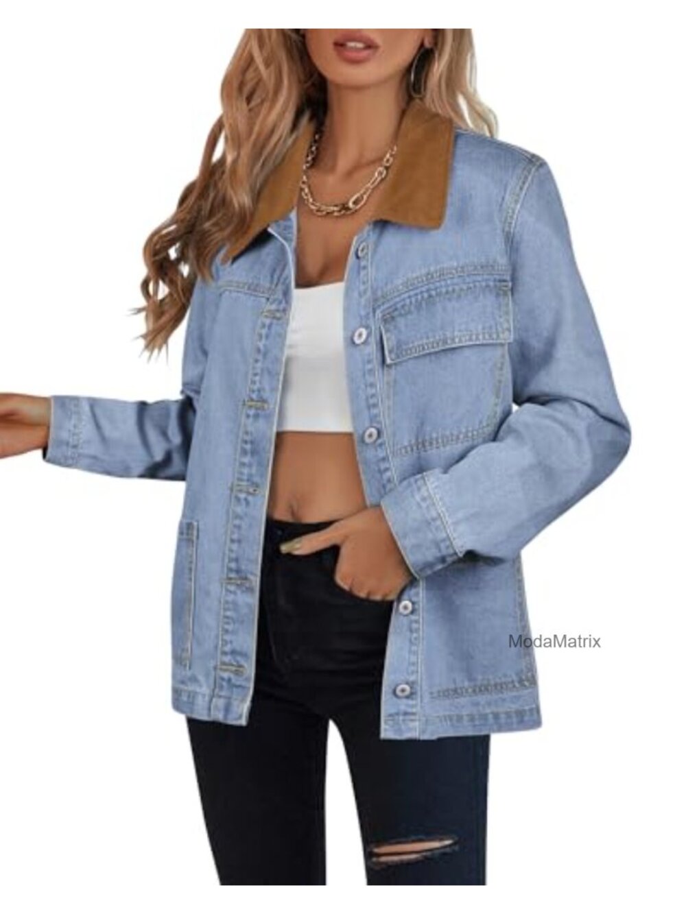 Oversized Denim Jacket Button Down Corduroy Collar Barn Coat